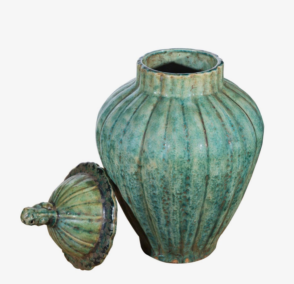 Verdigris Lion Lidded Jar