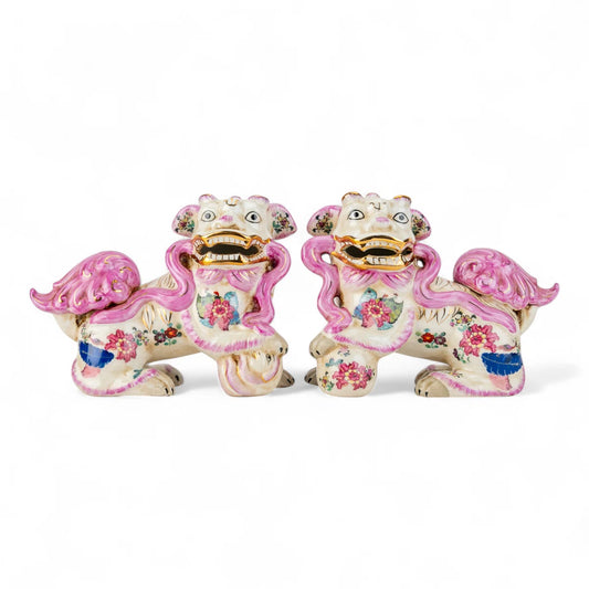 Lucky Foo Dogs in Pink Tobacco Leaf (Pair)