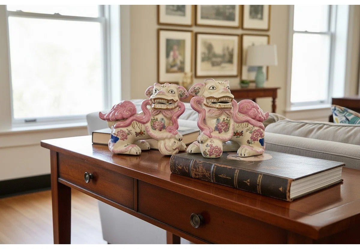 Lucky Foo Dogs in Pink Tobacco Leaf (Pair)